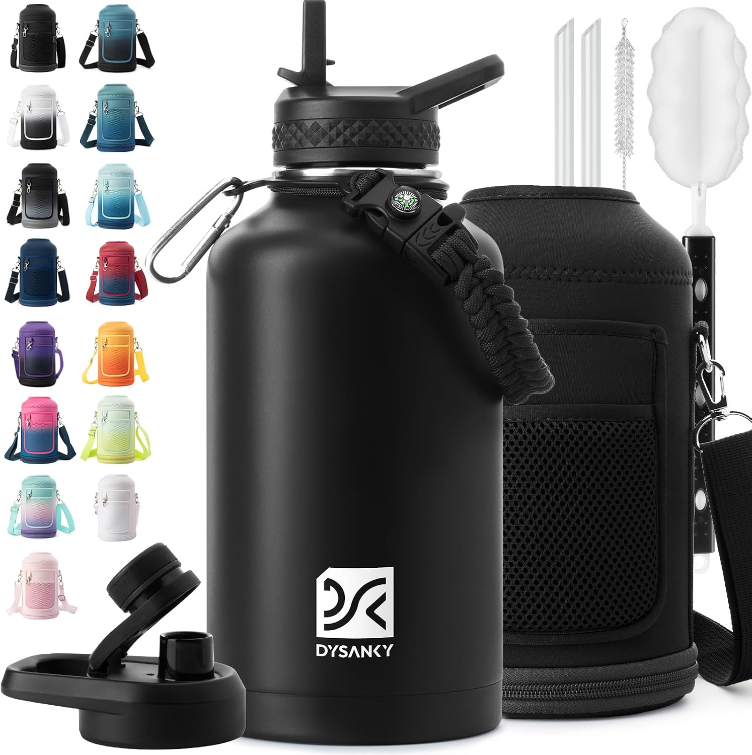 DYSANKY Insulated Water Bottle with Straw Lid & Carrier Bag, 64oz