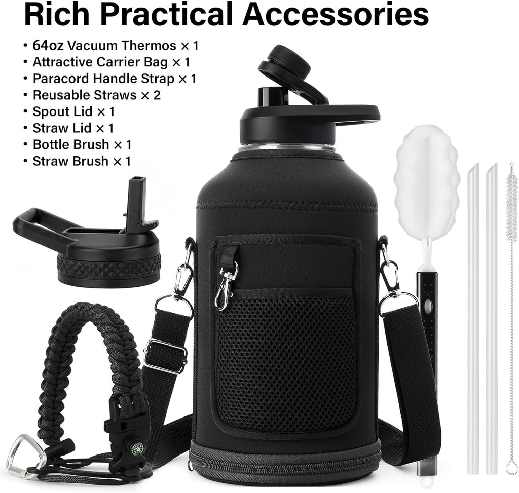 DYSANKY Insulated Water Bottle with Straw Lid & Carrier Bag, 64oz