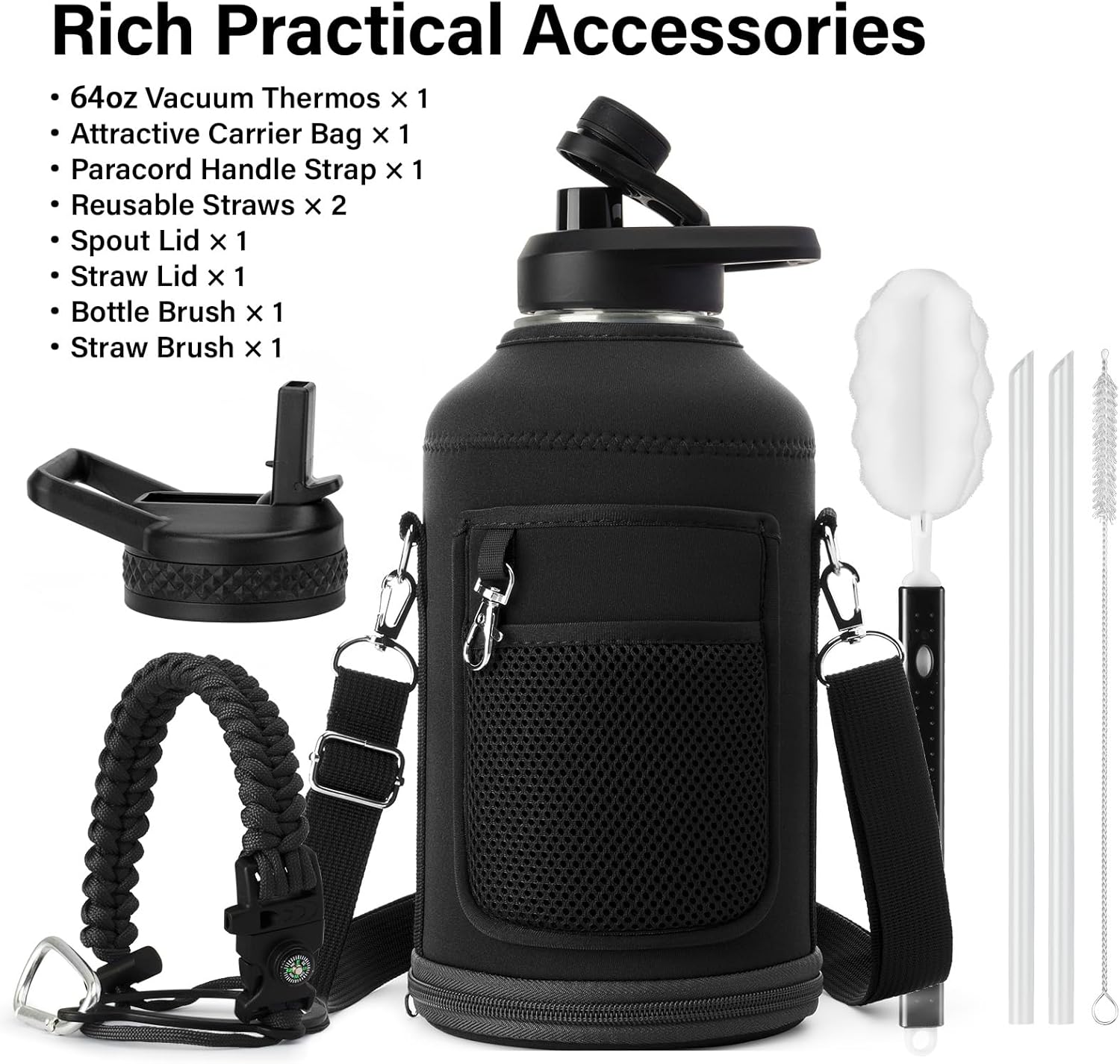 DYSANKY Insulated Water Bottle with Straw Lid & Carrier Bag, 64oz